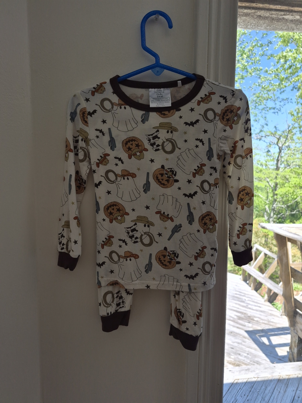 Bamboo Cream Halloween Ghost & Pumpkin Pajama Set with Brown Trim